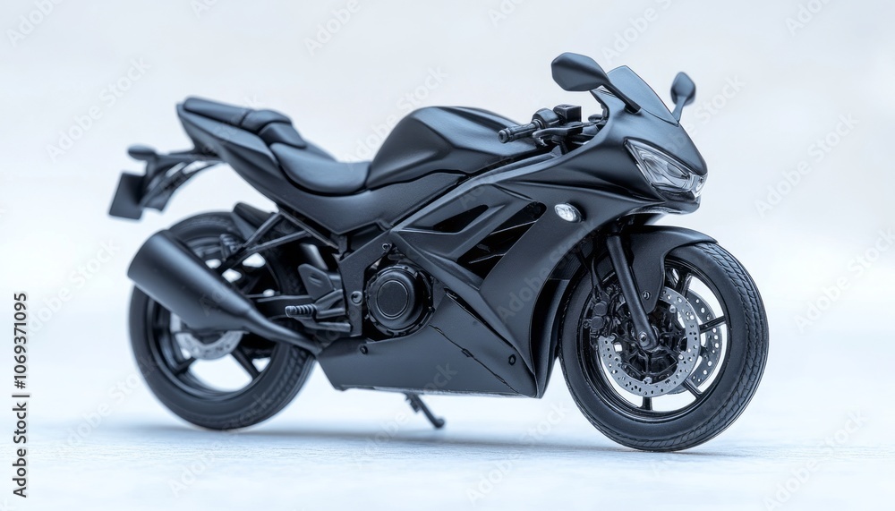 Black sports motorcycle model displayed on a clean surface in soft lighting Black sports motorcycle model displayed on a clean surface in soft lighting