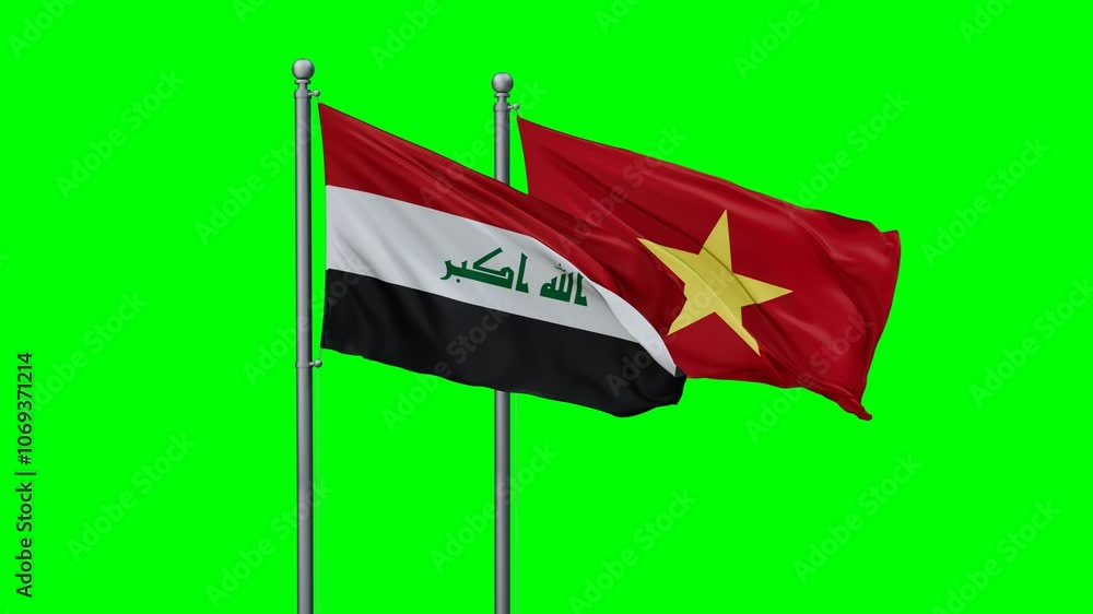 Vietnam and Iraq flags flying together, video concept of the relationship with colored chroma key for easy background remove Vietnam and Iraq flags flying together, video concept of the relationship with colored chroma key for easy background remove