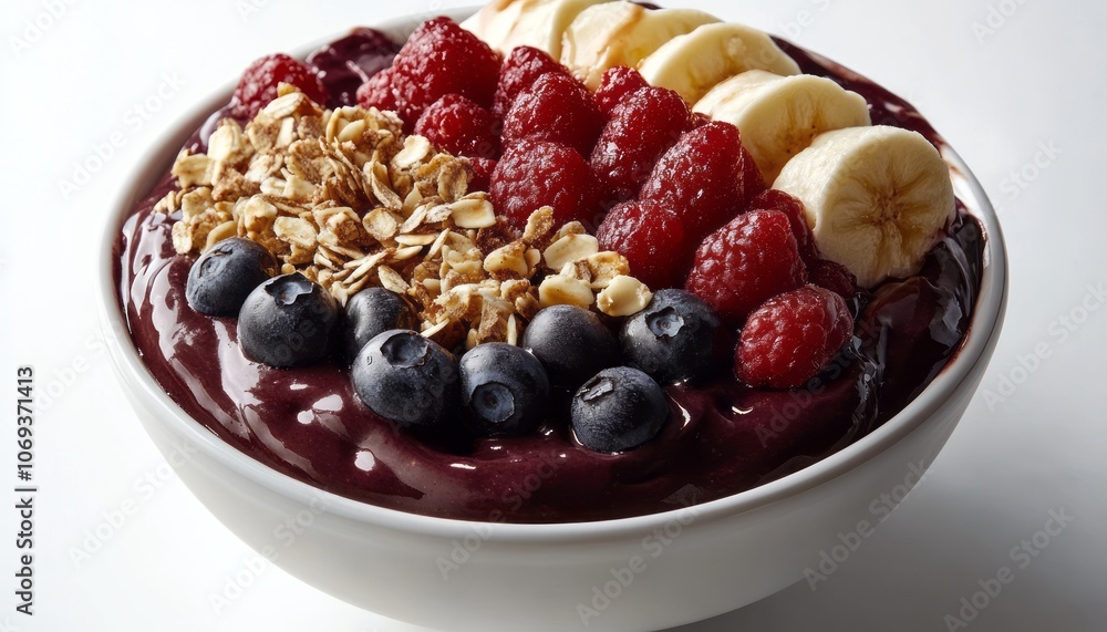 Delicious acai bowl topped with fresh fruits and granola on a white background Delicious acai bowl topped with fresh fruits and granola on a white background