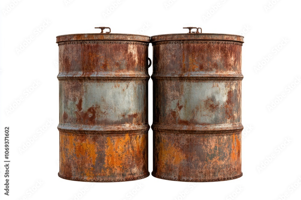 Two old metal drums side by side on the ground, with signs of rust and wear Two old metal drums side by side on the ground, with signs of rust and wear