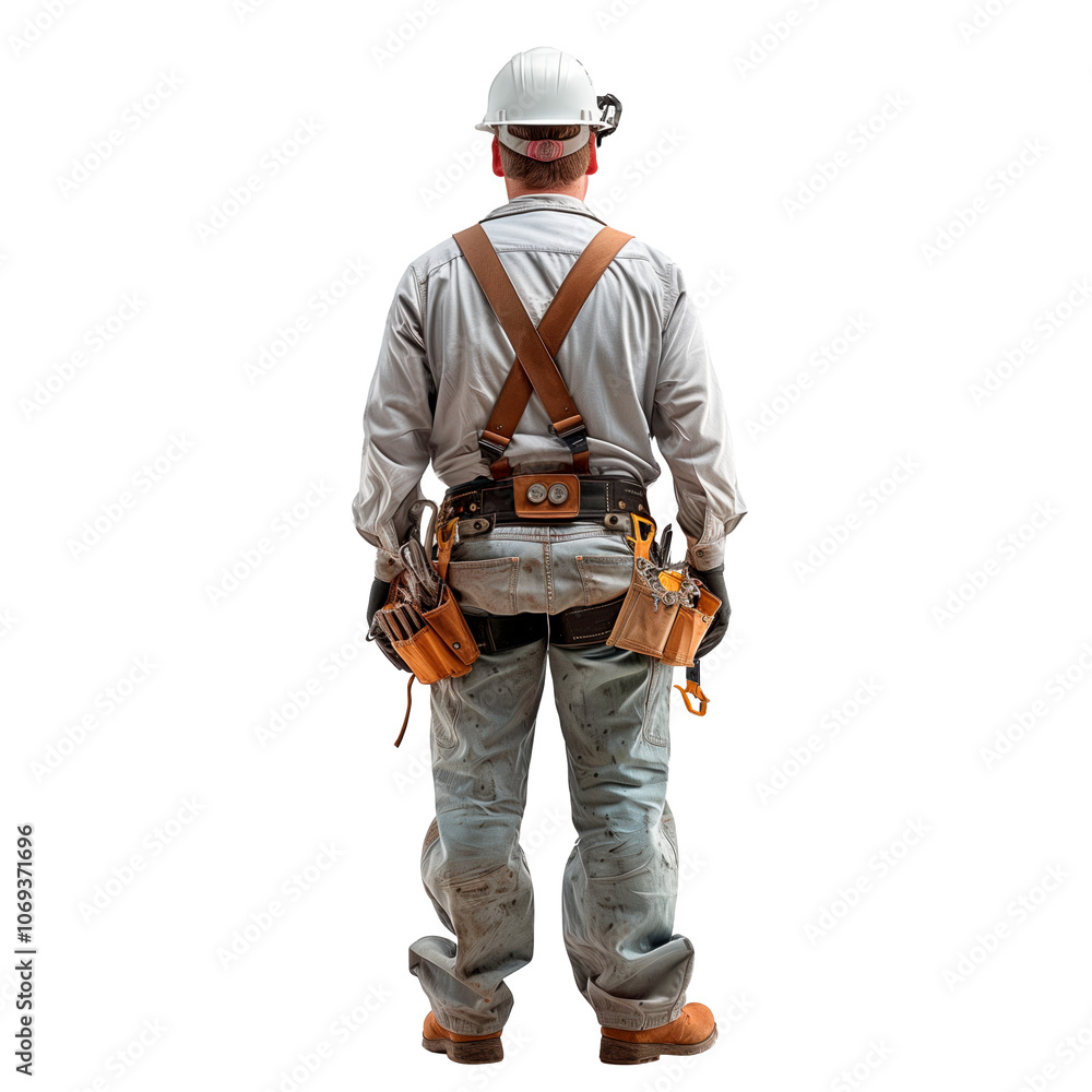Construction worker in full gear, viewed from the back, on a transparent background. Industrial visuals, repair services, construction projects, safety equipment, and labor themes. Construction worker in full gear, viewed from the back, on a transparent background. Industrial visuals, repair services, construction projects, safety equipment, and labor themes.