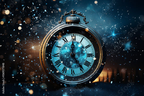 A beautiful vintage clock with cosmic elements and sparkling particles, creating a dreamy atmosphere. photo