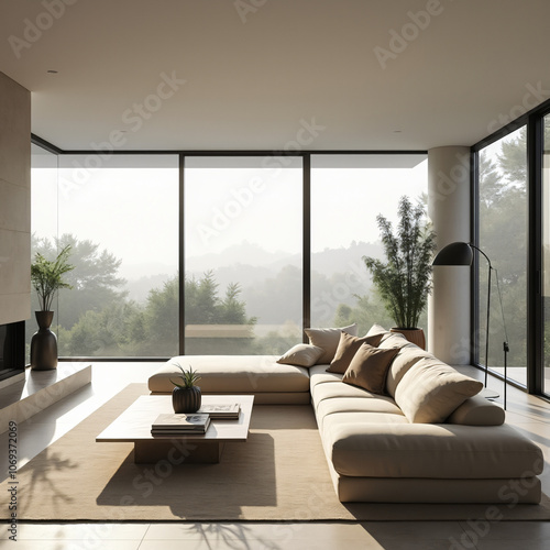 Bright Living Room with a Minimalist Sofa and City View