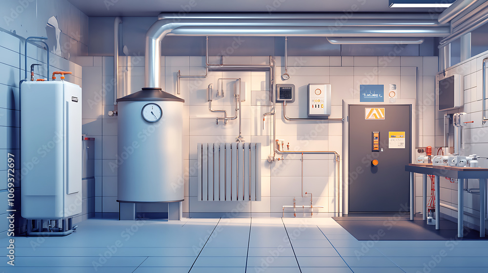 Boiler room interior with modern heating and space heating system Boiler room interior with modern heating and space heating system