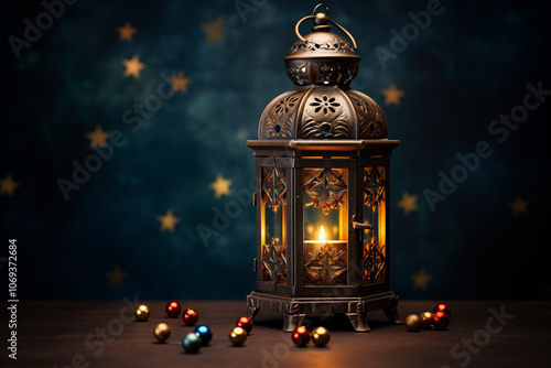 A beautifully detailed lantern casting warm light in a dark setting, surrounded by colorful decorative baubles, creating a cozy and festive atmosphere. photo