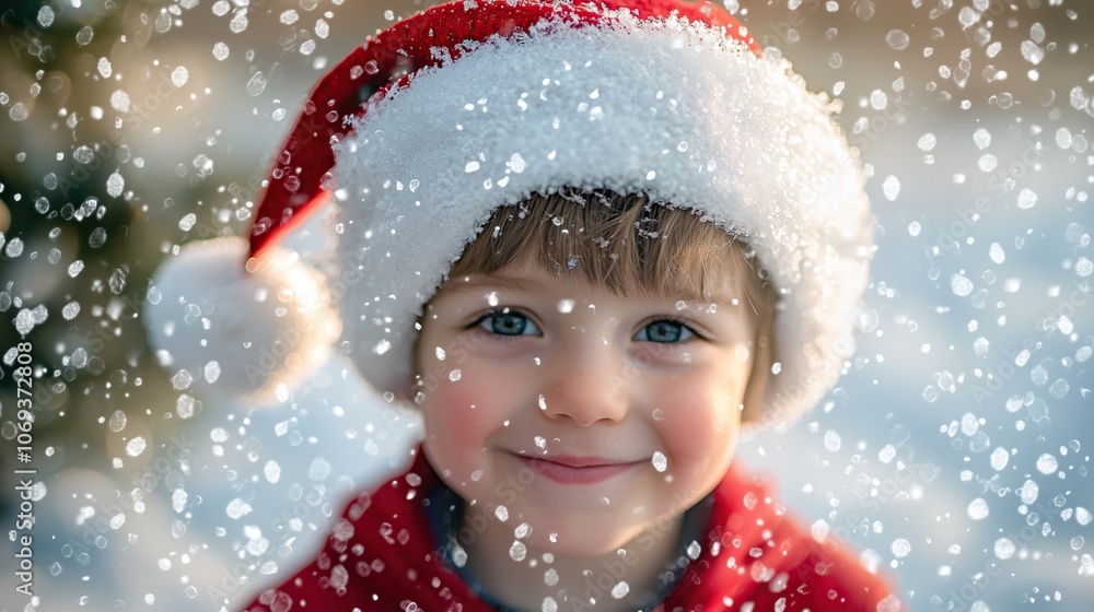 A cute little blonde boy wearing a white Santa hat smiles and poses in front of snowy fields, creating a joyful atmosphere for the New Year or Christmas celebration. A cute little blonde boy wearing a white Santa hat smiles and poses in front of snowy fields, creating a joyful atmosphere for the New Year or Christmas celebration.