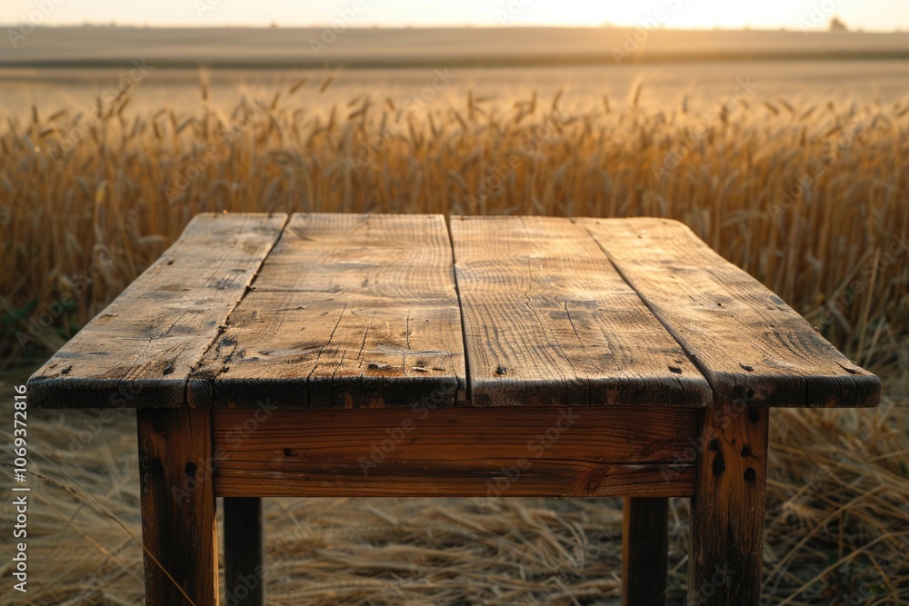 Fototapeta premium A rustic wooden table set against a vast field of golden wheat