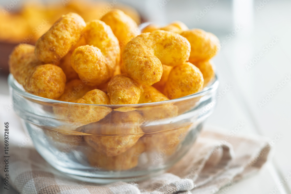 Puffed crispy Peanut flips in bowl on white table. Puffed crispy Peanut flips in bowl on white table.