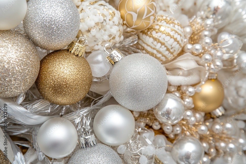 A pile of white and gold Christmas ornaments A pile of white and gold Christmas ornaments