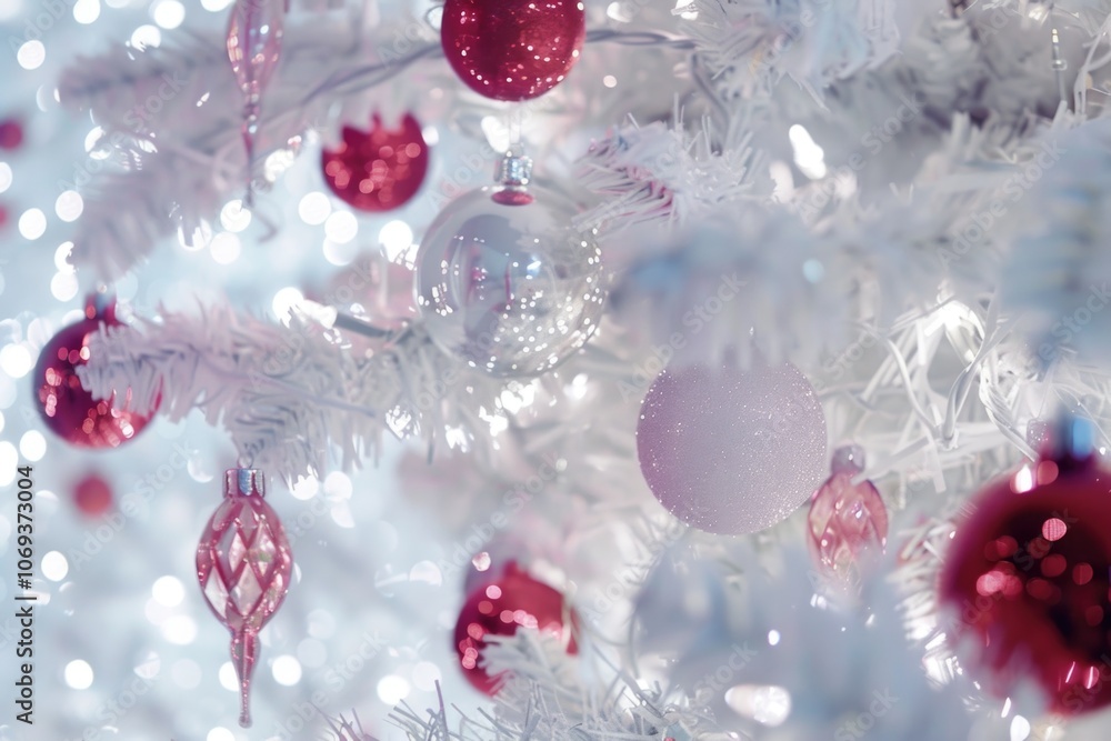 A festive white Christmas tree decorated with red and white ornaments, perfect for holiday celebrations or winter-themed designs A festive white Christmas tree decorated with red and white ornaments, perfect for holiday celebrations or winter-themed designs
