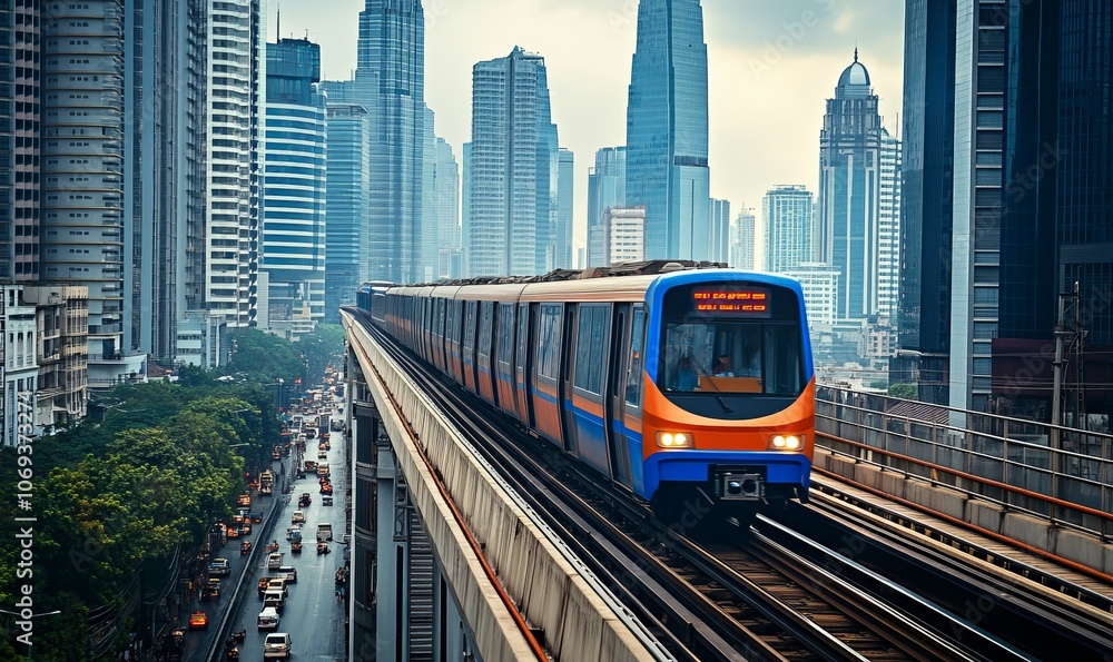 Fototapeta premium A Train Travels Along an Elevated Track Surrounded by Urban Buildings in a Busy City Skyline During a Hazy Day