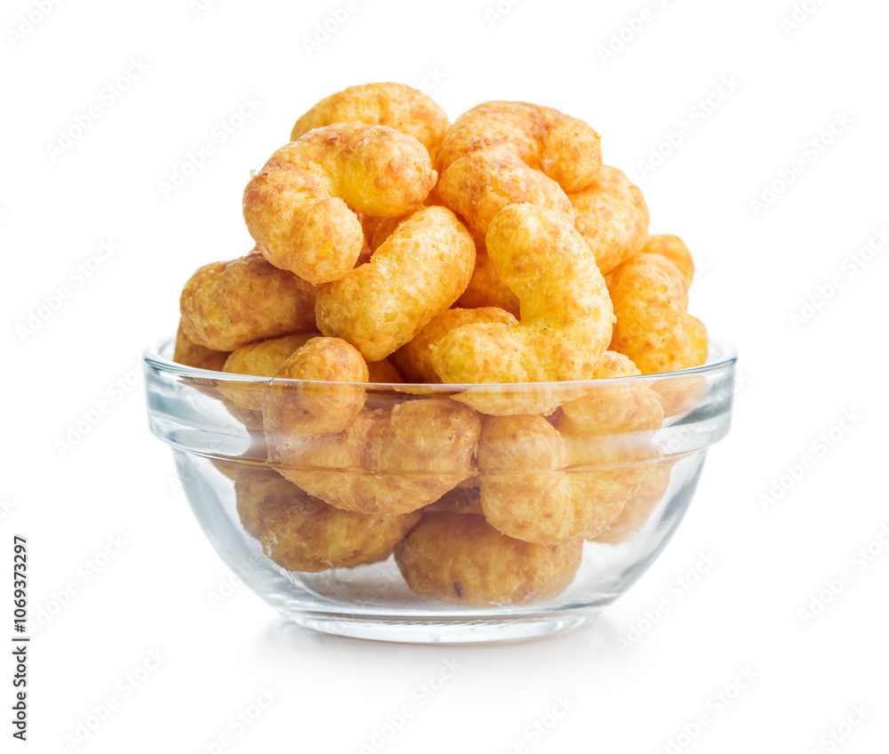 Puffed crispy Peanut flips in bowl isolated on white background. Puffed crispy Peanut flips in bowl isolated on white background.