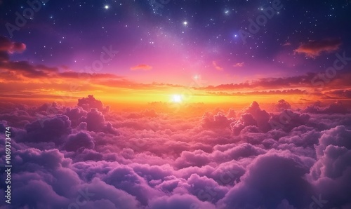 A Vibrant Sunset Painted in Purples and Oranges With a Starry Sky Above Fluffy Clouds in a Dreamlike Digital Landscape