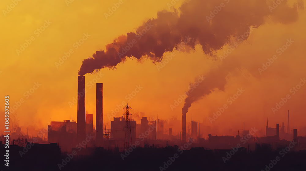 Industrial power plant with thick CO2 smoke from chimney, Pollution and carbon dioxide emissions footprint from fossil fuel burning, Global warming cause and urban environment problem from factories Industrial power plant with thick CO2 smoke from chimney, Pollution and carbon dioxide emissions footprint from fossil fuel burning, Global warming cause and urban environment problem from factories