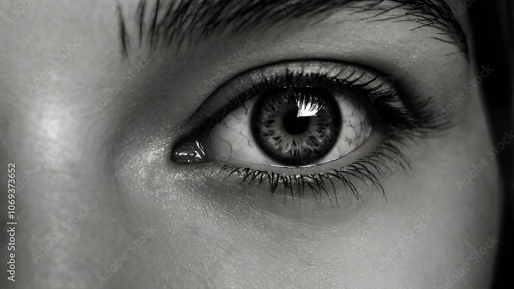 Fototapeta premium Close-up of a human eye in black and white, capturing intricate details of the iris and eyelashes, evoking themes of observation, emotion, and intensity