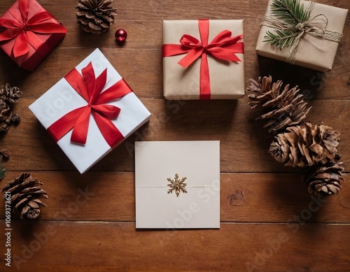 Festive holiday gifts and card arranged on wooden surface with pine cones and greenery.