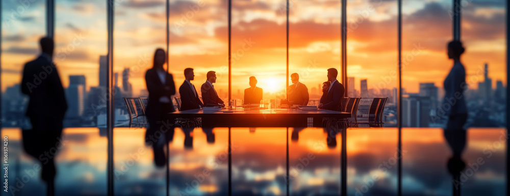 Business Team Meeting in a Modern Office at Sunset. Blurred silhouette of a business team having a meeting in a modern office with city skyline
Business Team Meeting in a Modern Office at Sunset. Blurred silhouette of a business team having a meeting in a modern office with city skyline