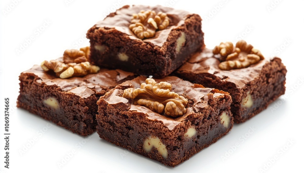 Delicious homemade brownies with walnuts on a white plate arranged for dessert Delicious homemade brownies with walnuts on a white plate arranged for dessert