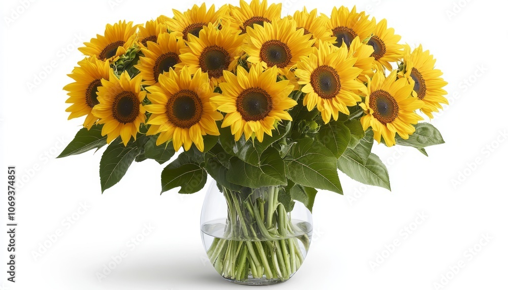 Fototapeta premium Bright yellow sunflowers in a clear vase displayed on a table for a cheerful ambiance