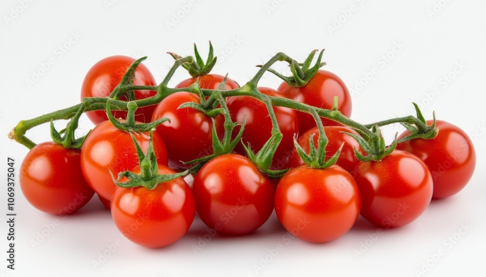 Fresh cherry tomatoes arranged on a white background for culinary presentation Fresh cherry tomatoes arranged on a white background for culinary presentation