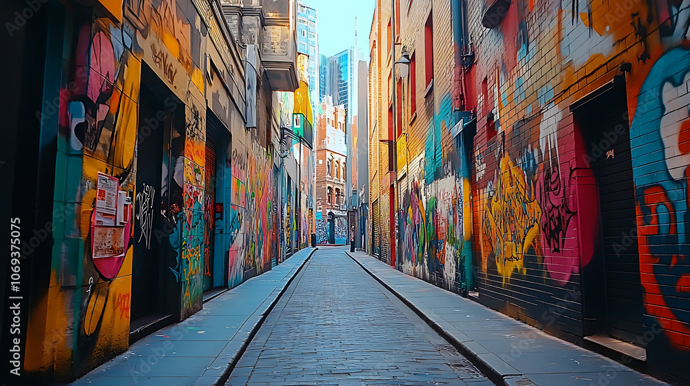 Fototapeta premium A dynamic street art mural in an urban alley, showcasing vibrant graffiti and a message of cultural expression and urban creativity