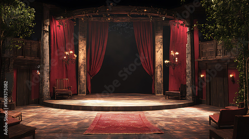 A dramatic theater stage set for a modern adaptation of a Shakespeare play photo