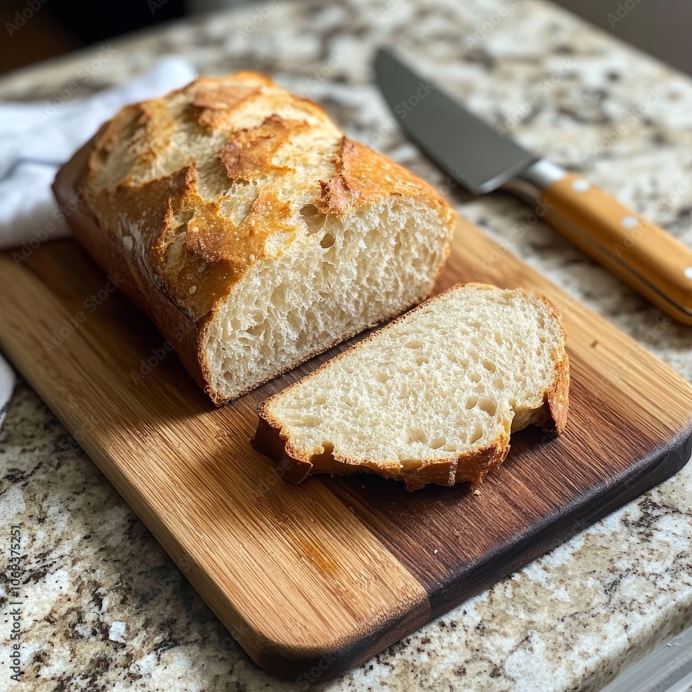 A fresh loaf of sourdough bread, sliced and ready to eat, sits on a wooden cutting board. A knife rests nearby. A fresh loaf of sourdough bread, sliced and ready to eat, sits on a wooden cutting board. A knife rests nearby.