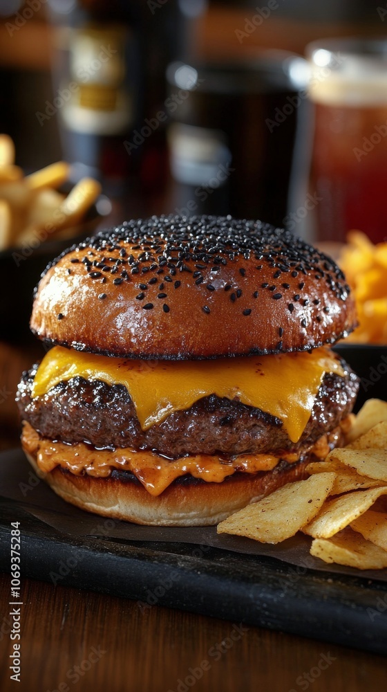 Delicious gourmet burger served on a black sesame bun with fries and toppings at a cozy restaurant Delicious gourmet burger served on a black sesame bun with fries and toppings at a cozy restaurant
