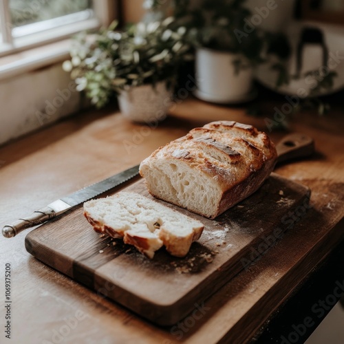 A fresh loaf of sourdough bread, sliced and ready to eat, sits on a wooden cutting board. A knife rests nearby.