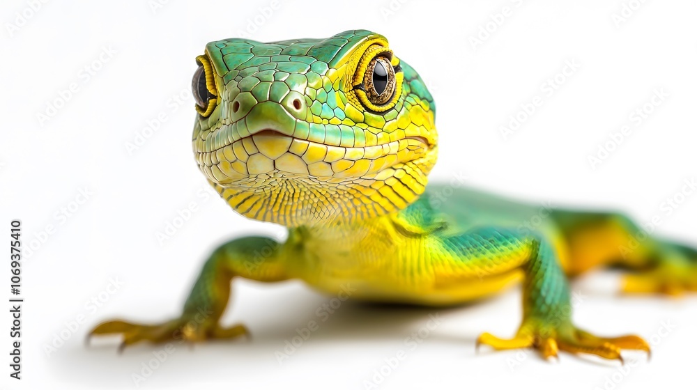 Fototapeta premium Close-up of vibrant green gecko isolated on white. National Reptile Day background