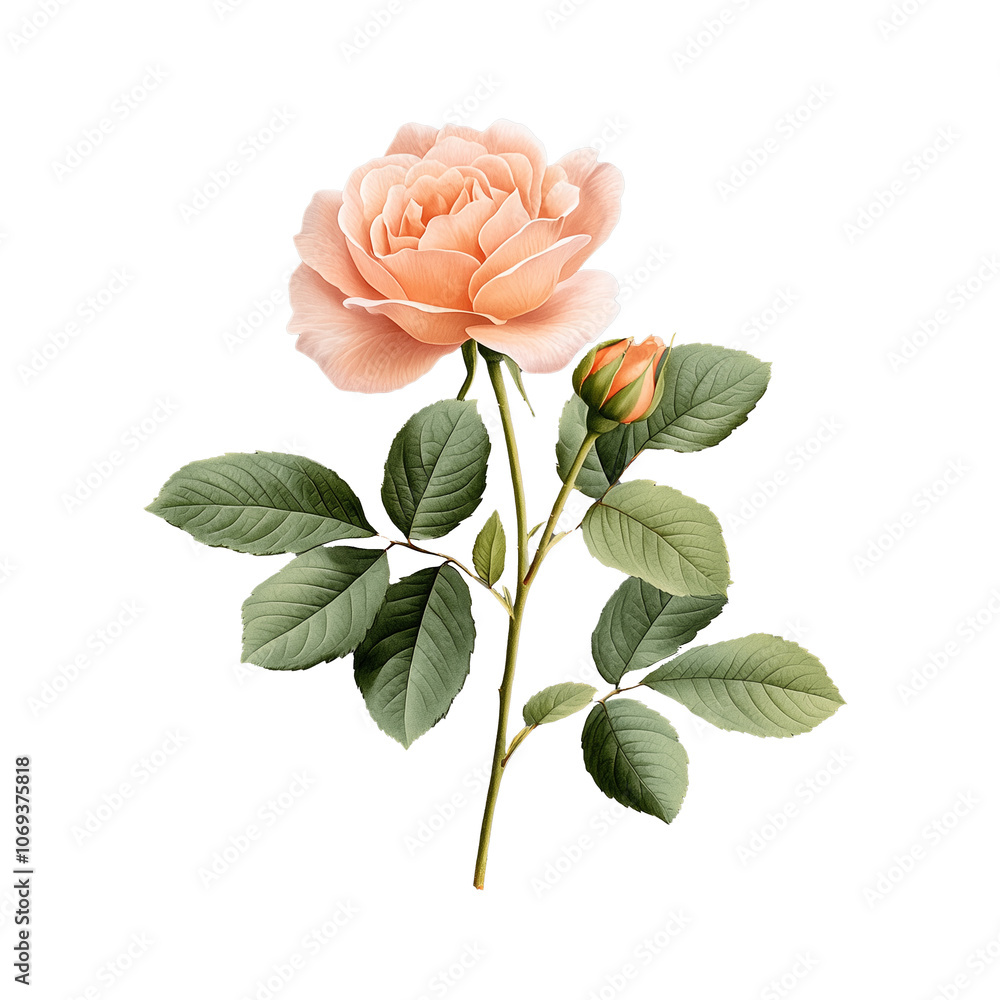 Delicate Pink Rose with Leaves on Transparent Background