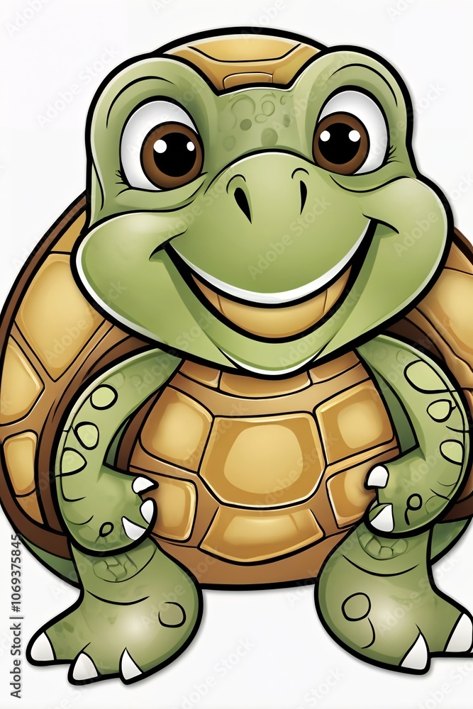 Obraz premium A happy cartoon turtle with large eyes, a big shell with simple pattern details illustration image.