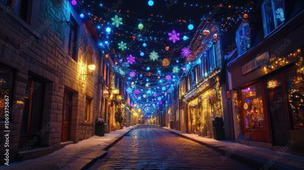 Obraz premium Colorful festive lights illuminating a night street during New Year celebrations, with warm and joyful atmosphere. Sparkling lights and decorations.
