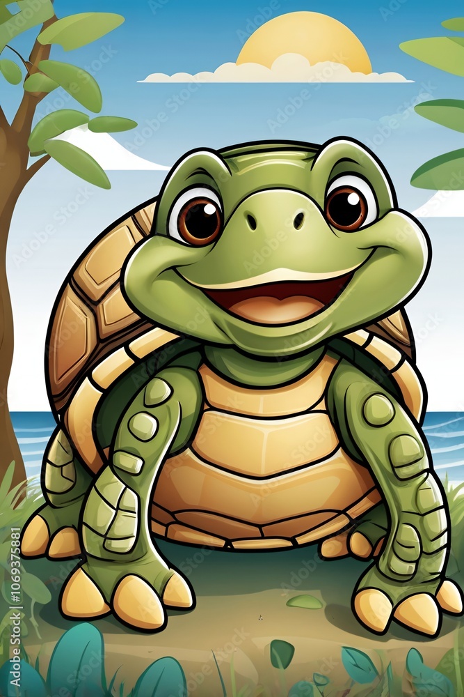 Fototapeta premium A happy cartoon turtle with large eyes, a big shell with simple pattern details illustration image.