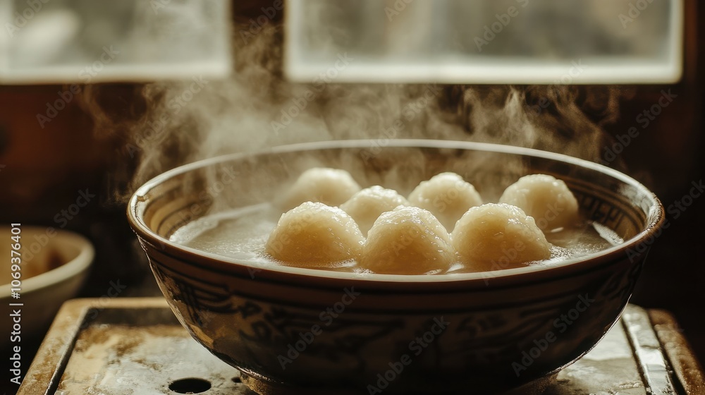 soft glutinous rice balls, served in a rustic setting. Steam rising, creating a cozy and comforting scene. soft glutinous rice balls, served in a rustic setting. Steam rising, creating a cozy and comforting scene.