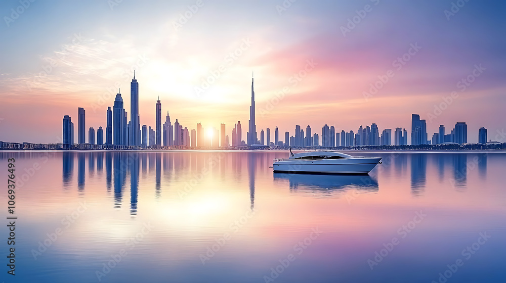 Obraz premium Dubai city center, amazing city skyline with luxury skyscrapers at sunrise, United Arab Emirates