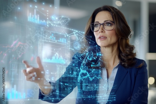 Double exposure of a woman leading a virtual meeting, layered with a transparent image of charts and graphs in the background.