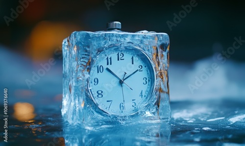 Alarm clock in ice cube, frozen time. Stopping the time concept, freeze time. Climate change. Daylight saving time, save the date, fall back photo