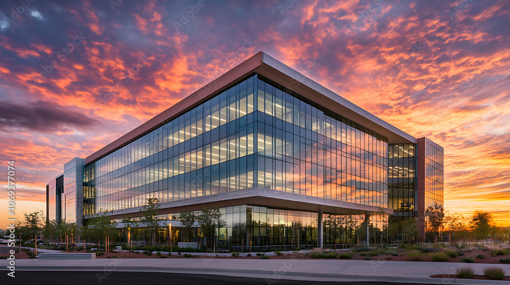 Obraz premium Modern corporate office building captured from a low angle during a vibrant sunset, symbolizing business success, growth, and future development