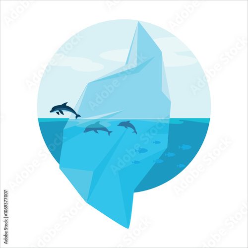 Iceberg. Ice. Dolphins. Fish. Sea animals. The icy ocean. Arctic. Glacier. Antarctica. Polygonal illustration on a white background. Vector