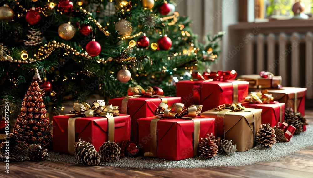 Gift boxes with ribbons under the Christmas tree - beautiful packaging in red and gold colors, cones and garland lying around. 