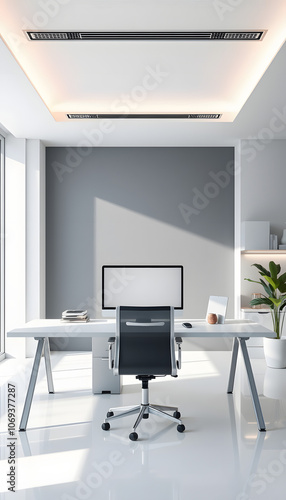 Modern contemporary office workspace with pc desktop computer mockup isolated with white highlights, png photo