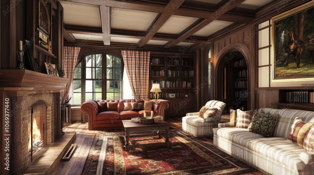 Cozy Living Room with Fireplace and Bookshelves Cozy Living Room with Fireplace and Bookshelves