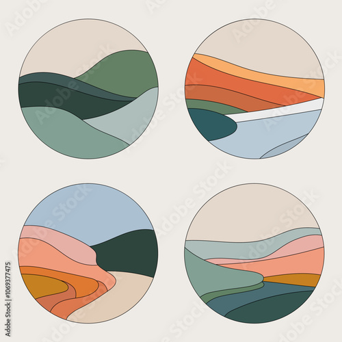 Bright, abstract landscape motifs in the form of circular compositions with hills and stripes. Bright and muted shades create a stylish and modern look.