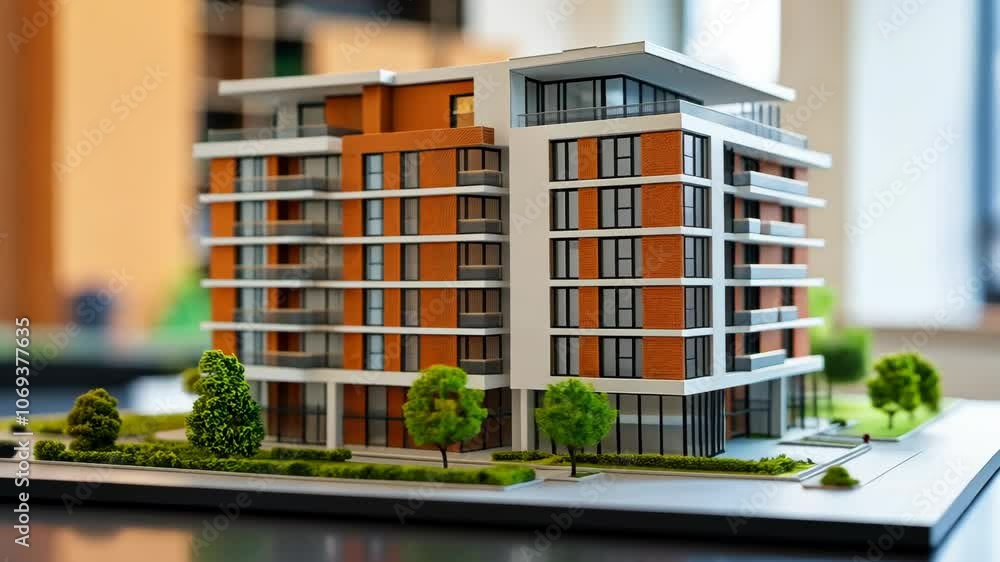 A detailed model of an apartment building with landscaping sits on a table in a bright office A detailed model of an apartment building with landscaping sits on a table in a bright office