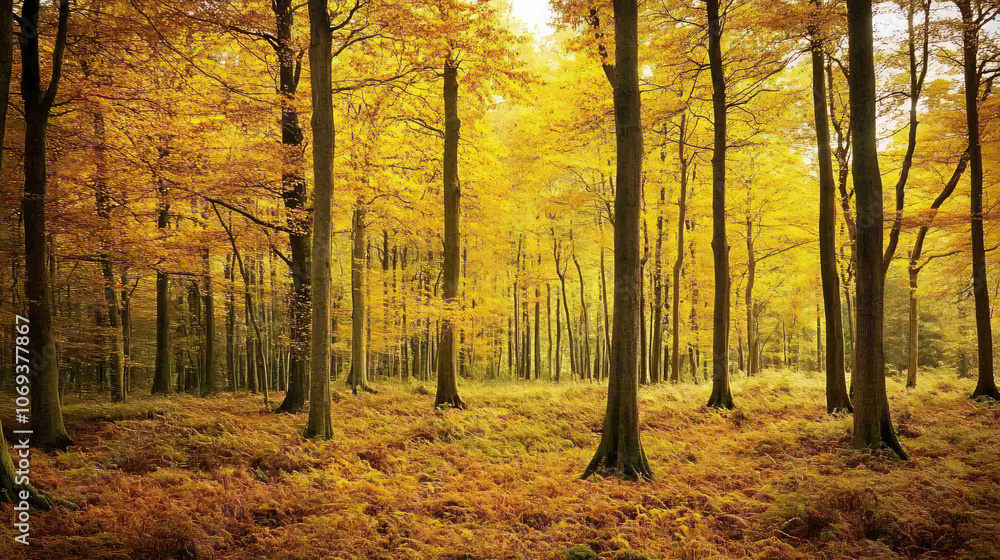 Obraz premium A forest of towering trees with bright yellow leaves in autumn.