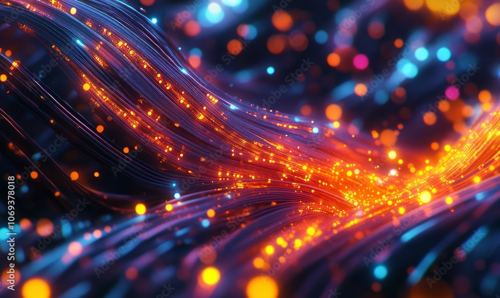 Fiber optic cables, glowing data streams, intricate network infrastructure, modern tech center Fiber optic cables, glowing data streams, intricate network infrastructure, modern tech center