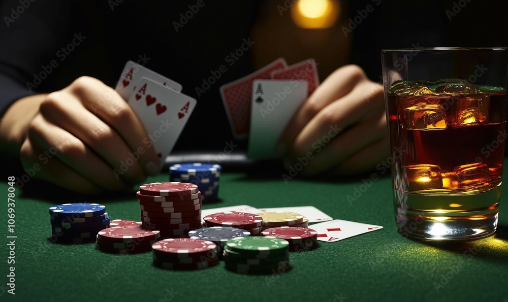 A poker player fans a set of aces over colorful chips on a green felt table, surrounded by a glass of whiskey and blurred competitors, creating a tense atmosphere A poker player fans a set of aces over colorful chips on a green felt table, surrounded by a glass of whiskey and blurred competitors, creating a tense atmosphere
