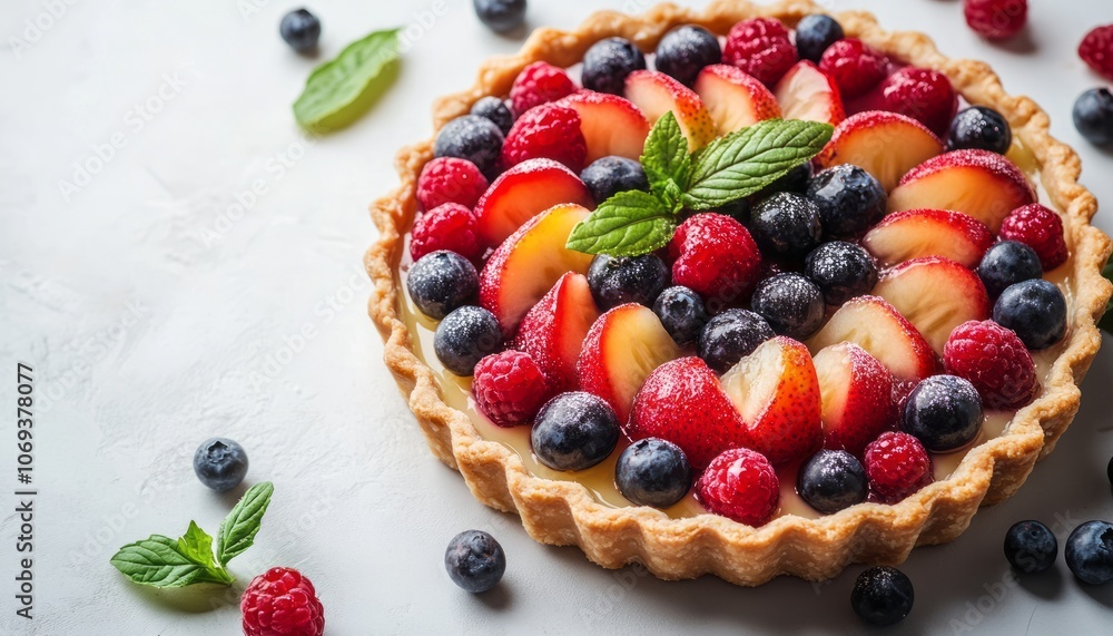 Colorful fruit tart with fresh berries and mint on a light background Colorful fruit tart with fresh berries and mint on a light background