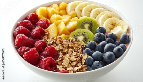 Colorful bowl of fresh fruits with granola served for a healthy breakfast